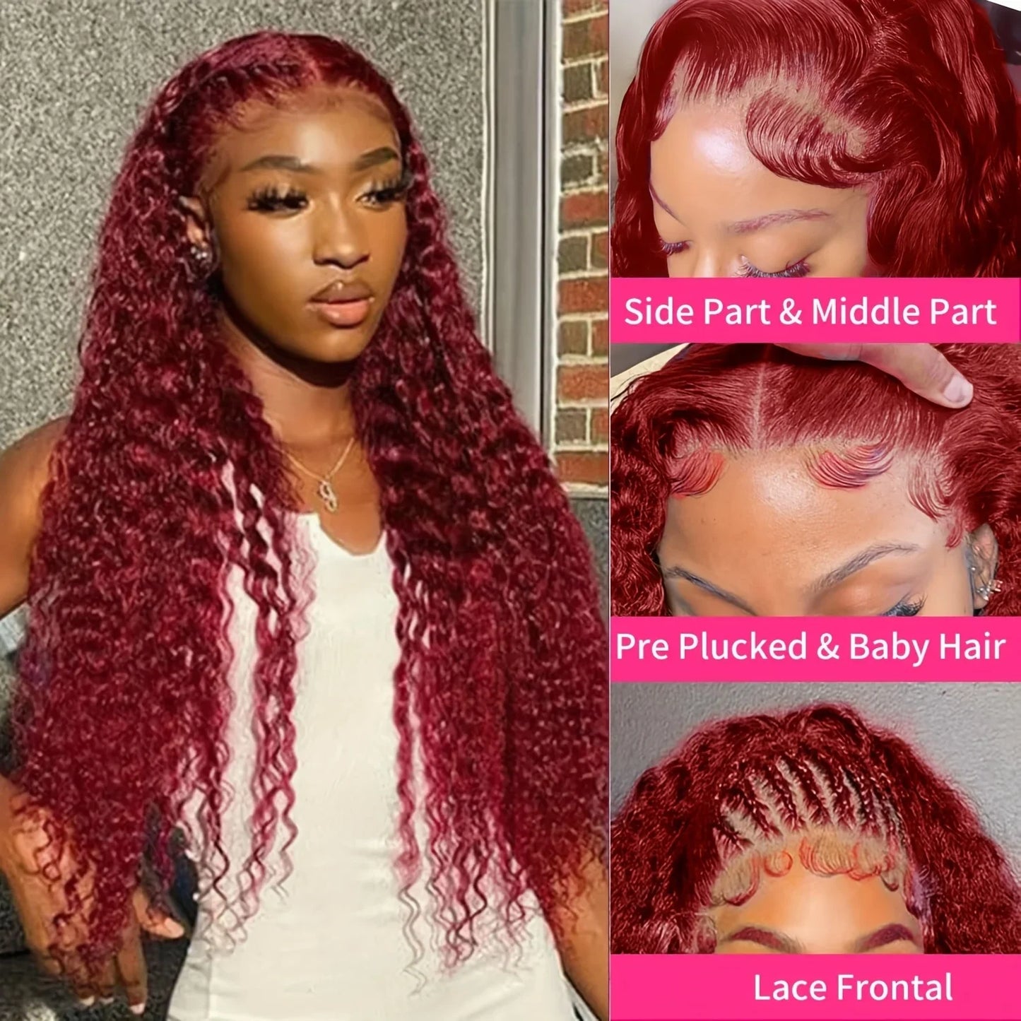13x6 99j Burgundy Lace Front Wigs Human Hair Deep Wave 250 Density Transparent Frontal Wigs Pre Plucked Red Curly Wigs for Women