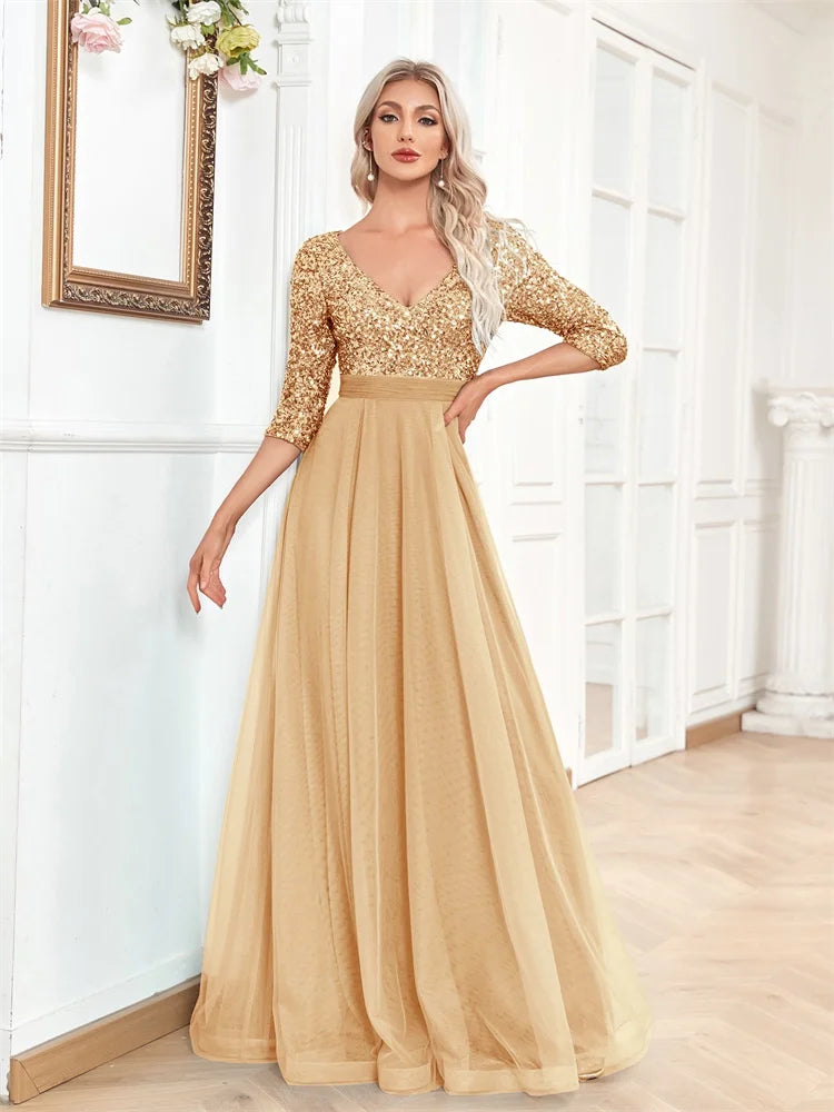 Luxury Gold Floor Length V-Neck Tulle Splicing Evening Dress Women Elegant Party Maxi Sequins Short Sleeves Cocktail Gowns