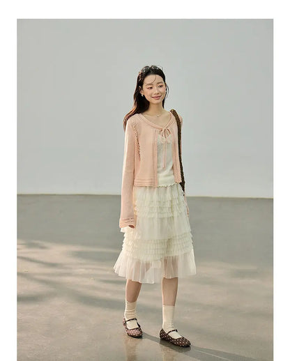 Korean Style Lace Elastic Waist Cake Skirt Mesh Puffy Skirt Women's Dress Knee Length Casual A-Line Skirt Micro Stretch No Slit