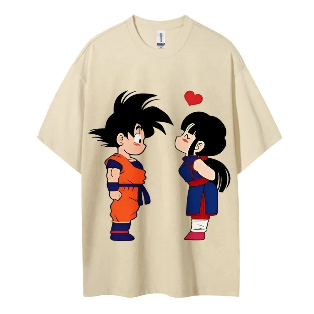 Cute Couple Print Oversized Crew Neck T-Shirt 100% Cotton Casual Tops for Men Women Kids