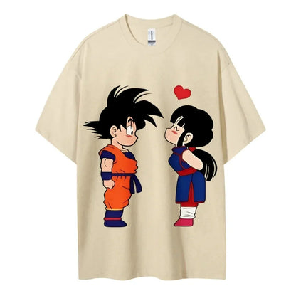 Cute Couple Print Oversized Crew Neck T-Shirt 100% Cotton Casual Tops for Men Women Kids