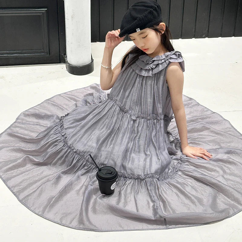 Vestido infantil feminino vestido de verão infantil vestido estilo coreano vestido de princesa vestido de verão doce sem mangas para crianças grandes