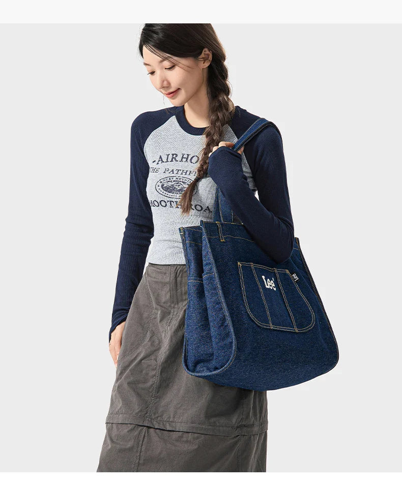 Multiple Pockets Large Capacity Denim Tote Bag Women Trend Commuting Work Shopping Ladies Jeans Handbag Utility Traveling