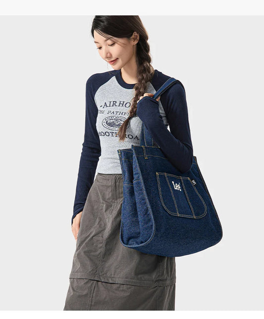 Multiple Pockets Large Capacity Denim Tote Bag Women Trend Commuting Work Shopping Ladies Jeans Handbag Utility Traveling