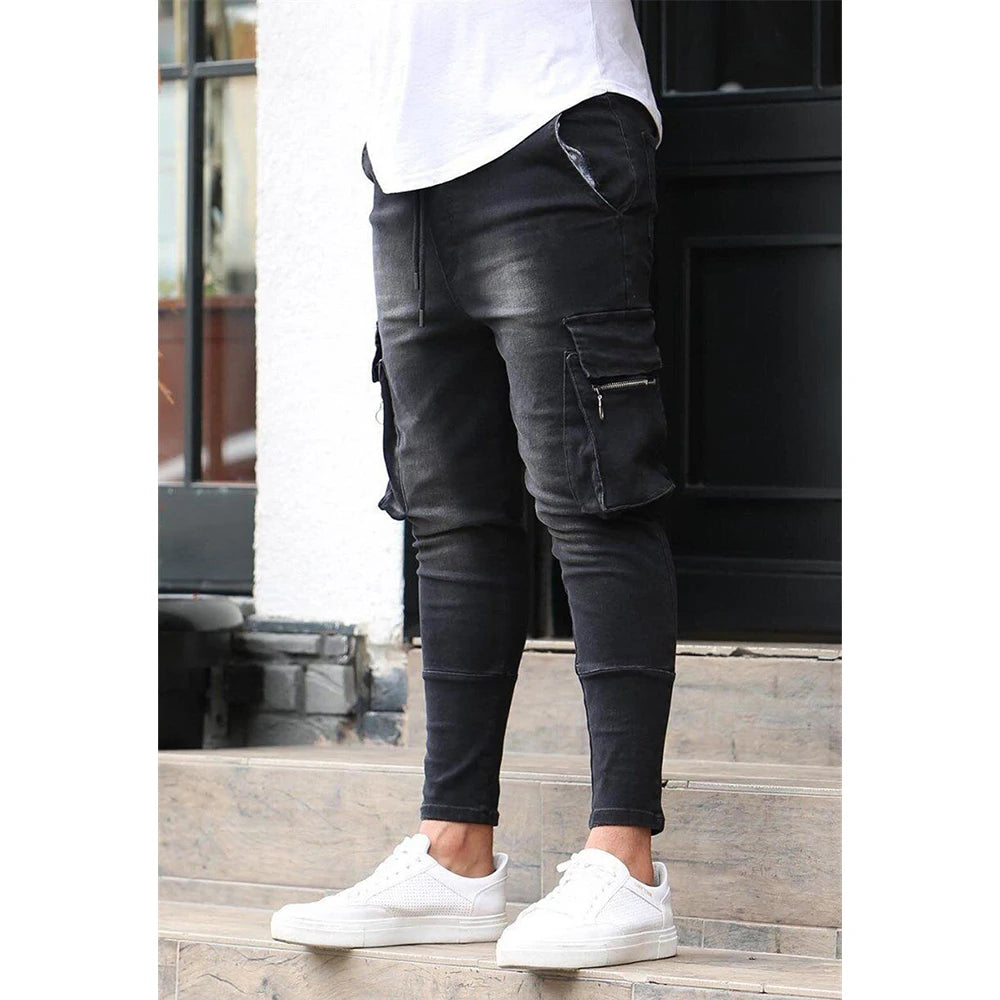Calça Jeans Masculina Skinny Rasgada Estilo Streetwear Com Bolsos Laterais Calça Cargo Jeans Slim Fit Calça Macia Elástica Jogger