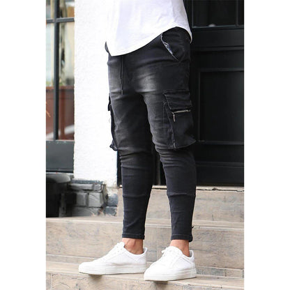 Calça Jeans Masculina Skinny Rasgada Estilo Streetwear Com Bolsos Laterais Calça Cargo Jeans Slim Fit Calça Macia Elástica Jogger