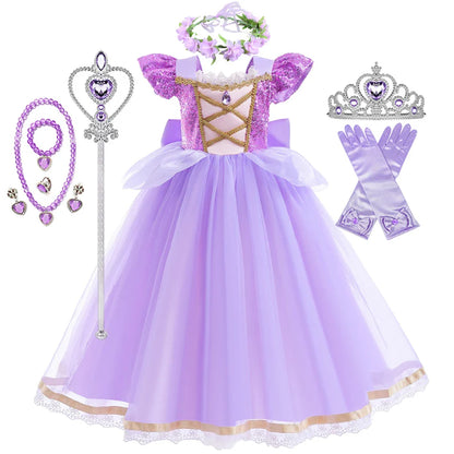 Vestido de Princesa Verão Rapunzel Menina Cosplay Enrolados Festa de Aniversário de Halloween Vestido Fantasia de Aniversário Infantil