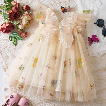 2026 All New Summer Tulle Toddler Girls Princess Dress 3D Butterfly Floral Embroidery Puff Skirt Girl's Party Gift Dress