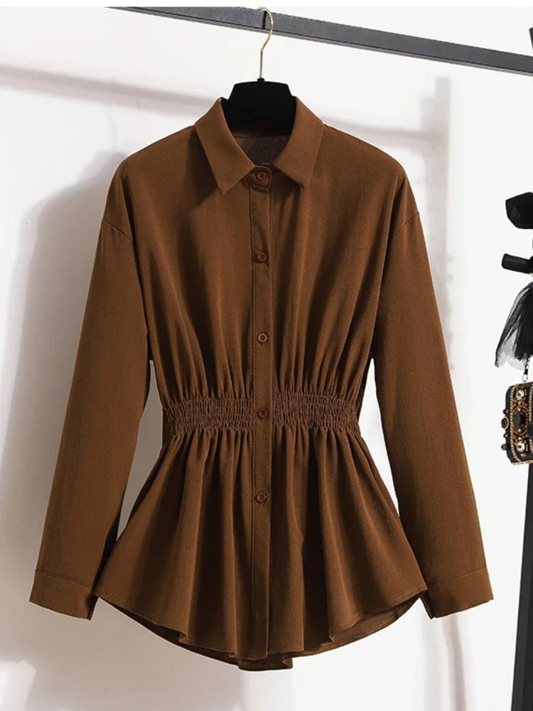 2026 Women's Plus Size Blouse Korean Style Spring Autumn Loose Elegant Casual Mid-length Tops Long Sleeved Waist Cinching Shirts