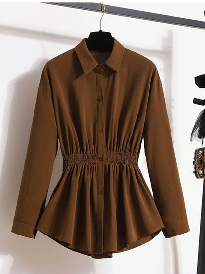 2026 Women's Plus Size Blouse Korean Style Spring Autumn Loose Elegant Casual Mid-length Tops Long Sleeved Waist Cinching Shirts