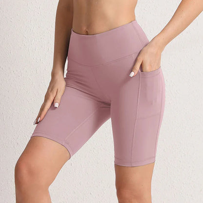 Women Yoga Shorts with 3 Pockets Seamless Gym Fitness Tights Elastic Cycling Shorts Female Solid Color Leggings