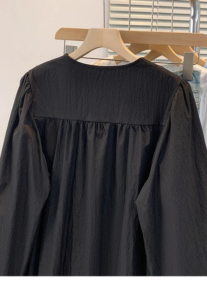 2026 V-neck Long Sleeved Plus Size Shirt Loose Pleated Ruffle Oversized Tops Ladies Chic Elegant Solid Versatile Blouse
