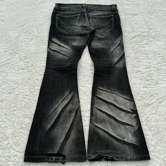 Y2K Distressed Flare Jeans Gothic Men Double Waist Lace Up Denim Pants Retro Washed Scratches Streetwear Unisex Bootcut Jeans