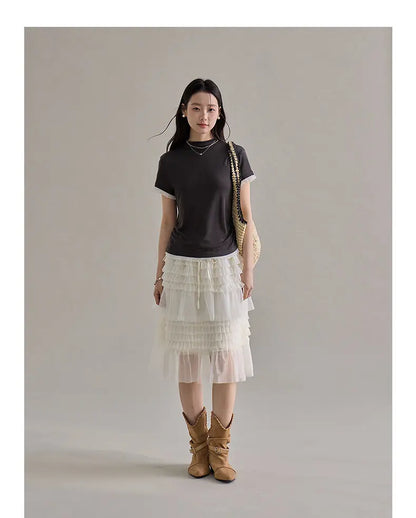 Korean Style Lace Elastic Waist Cake Skirt Mesh Puffy Skirt Women's Dress Knee Length Casual A-Line Skirt Micro Stretch No Slit