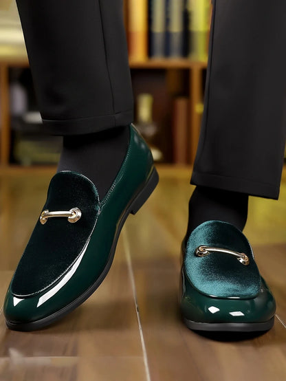 Premium Emerald Green Velvet Loafers with Patent Leather Accents Formal Event Gentleman's Shoes