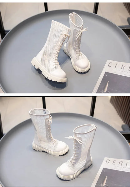 Children Summer Shoes Girls Fashion Sandals High-top Mesh Boots Net Breathable Shoelace Decoration with Zipper Cut-out Ins Style