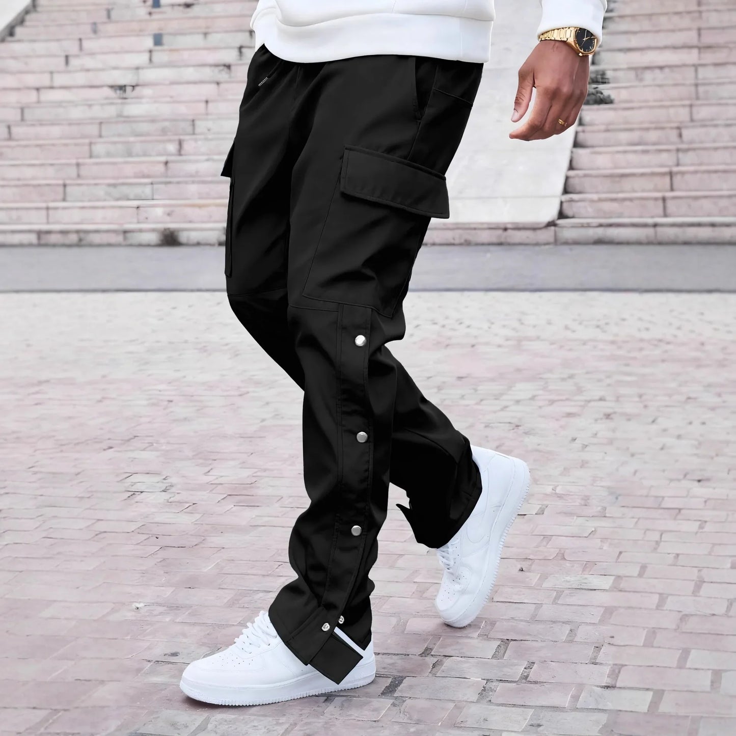 Younger generation school-style casual straight-legged drawstring men's trendy casual button-down long pants