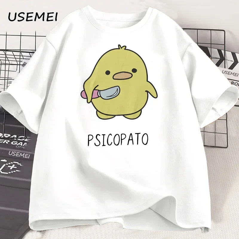 T Shirt Men Women Cute Duck with Knife Tshirt Casual Short Sleeve Cotton Printed Round Neck T-shirt Streetwear Loose