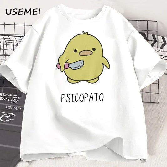 T Shirt Men Women Cute Duck with Knife Tshirt Casual Short Sleeve Cotton Printed Round Neck T-shirt Streetwear Loose