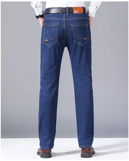 Autumn Spring Business Jeans Men Casual Comfortable Straight Denim Pant Stretch Fashion Classic Soft Premium Blue Black Trousers