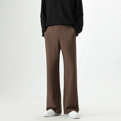 Men's Korean Fashion Small Flared Suit Pants Elastic Waist Drape Loose Straight Solid Color Business Office Casual Male Trousers
