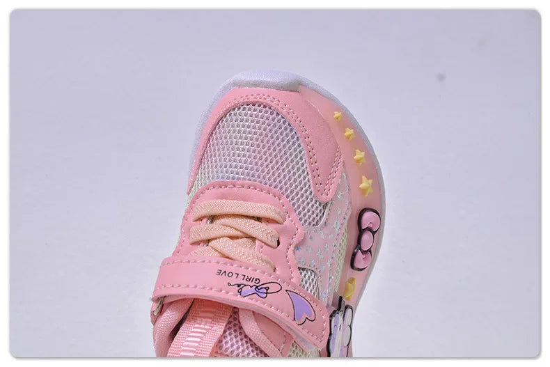 Kids'Casual Shoes Girls Led Light Cartoon PU Leather Fashion Sport Flat Bottom Shoes Breathable White Pink Size 21-30