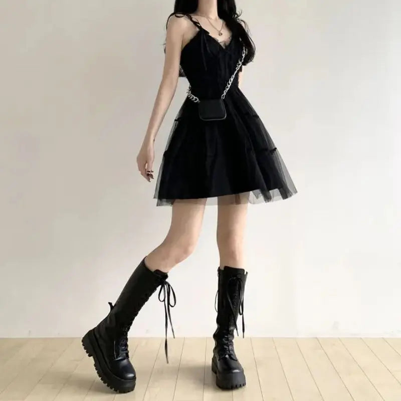 Y2k Black Mesh Women's Ball Gown Dresses 2025 New Sleeveless Strapless V-neck Party Sexy Mini Dress for Womens