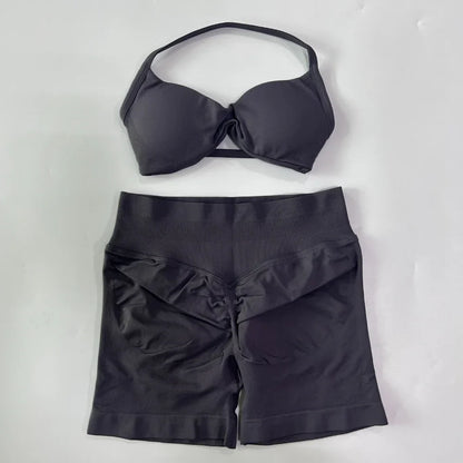 NO LOGO 2PCS Gym Set Women Strappy Yoga Bra Top High Waist Workout Scrunch Shorts Sports Suit Seamless Yoga Set Fitness Clothes