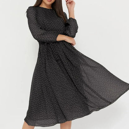 Spring and Summer Chiffon Dress Long Sleeved Solid Color Polka Dot Dress Elegant Lantern Sleeve Round Neck High Waisted Dresses