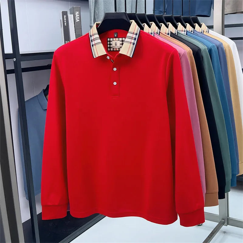 Men's Plaid Long Sleeve Polo Shirt Autumn Winter Casual Office Outdoor Fashion Top Commercial Collar Trendy Men's Clothing