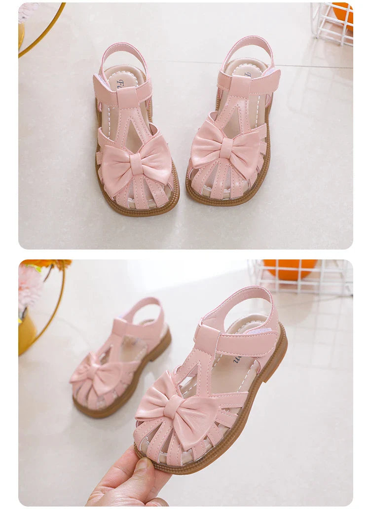 Cute Girls Sandals Bow Peep-toe 2023 New Soft Hook & Loop Beige Kids Princess Shoes Casual Shoes PU Cute Children Shoes Non-slip