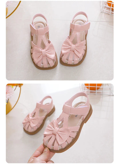 Cute Girls Sandals Bow Peep-toe 2023 New Soft Hook & Loop Beige Kids Princess Shoes Casual Shoes PU Cute Children Shoes Non-slip