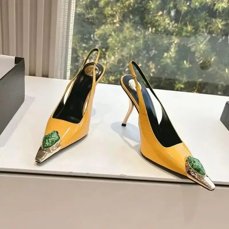 Luxury Metal Jewel Decoration Heels Women 2025 Sexy Pointed Toe Patent Leather Women Pumps Elegant Banquet High Heeled Sandals