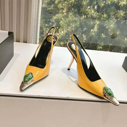 Luxury Metal Jewel Decoration Heels Women 2025 Sexy Pointed Toe Patent Leather Women Pumps Elegant Banquet High Heeled Sandals