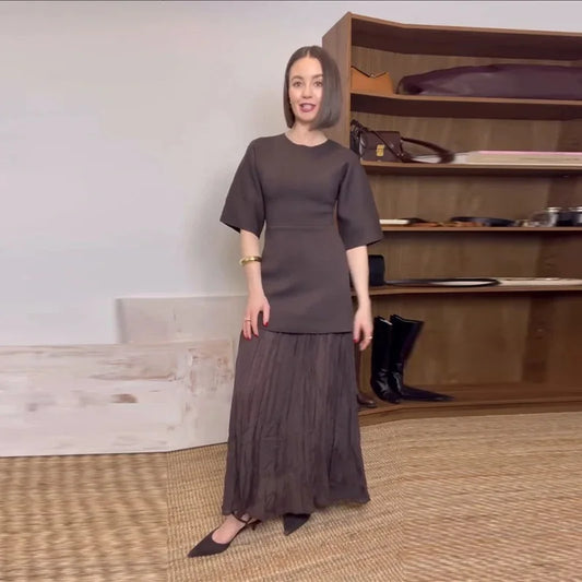 Pleated Knitted Long Dresses for Women Short Sleeve Maxi Dress Woman Vintage Party Womens Dresses Patchwork Women's Dress