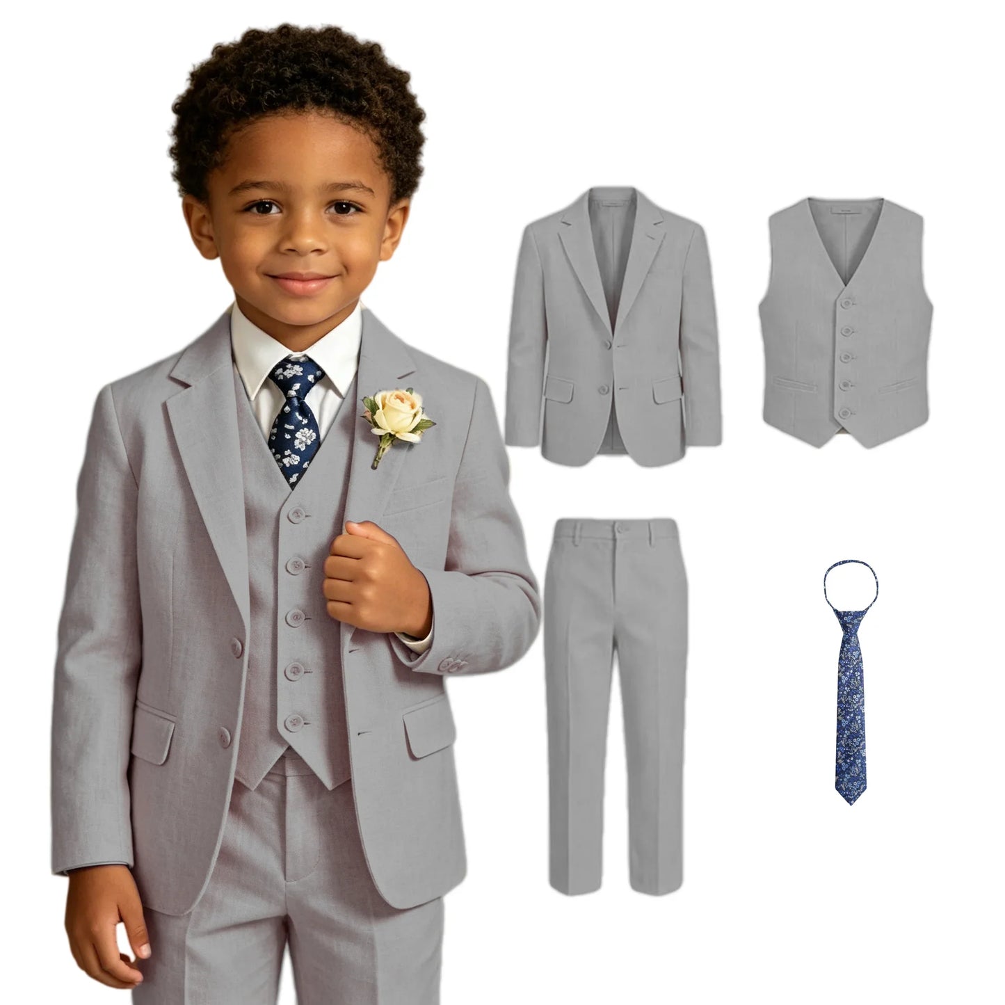 Boys 4 Piece Formal Suit Set with Vest Tie Boutonniere for Wedding Ring Bearer Prom Ceremony Party Celebration Family Gathering