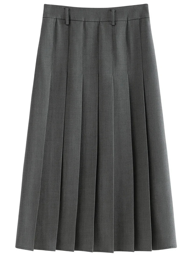 2025 New Arrival Women Zipper Waist Office Lady Elegant Grey Skirt Pleated Design Navy Blue Color Long Skirt Daily Outfits