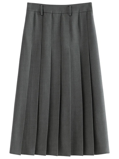 2025 New Arrival Women Zipper Waist Office Lady Elegant Grey Skirt Pleated Design Navy Blue Color Long Skirt Daily Outfits