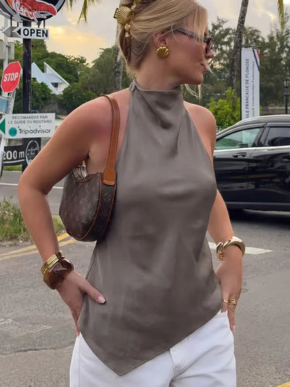 Womens Satin Halter Neck Top Asymmetrical Hem Sleeveless Blouse Elegant Party Club Summer Streetwear Crop Top