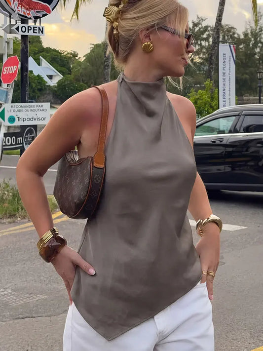Womens Satin Halter Neck Top Asymmetrical Hem Sleeveless Blouse Elegant Party Club Summer Streetwear Crop Top