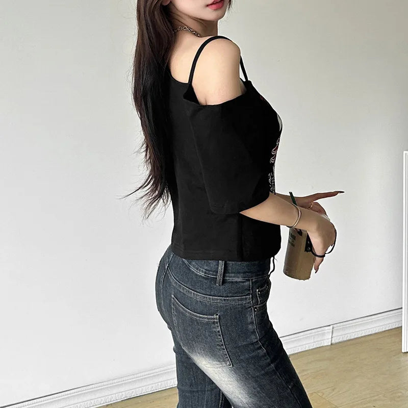 Tee Y2k Letter Print Off Shoulder Punk T-shirts Women Harajuku Summer Streetwear Grunge T Shirt Aesthetic Sexy Crop Tops