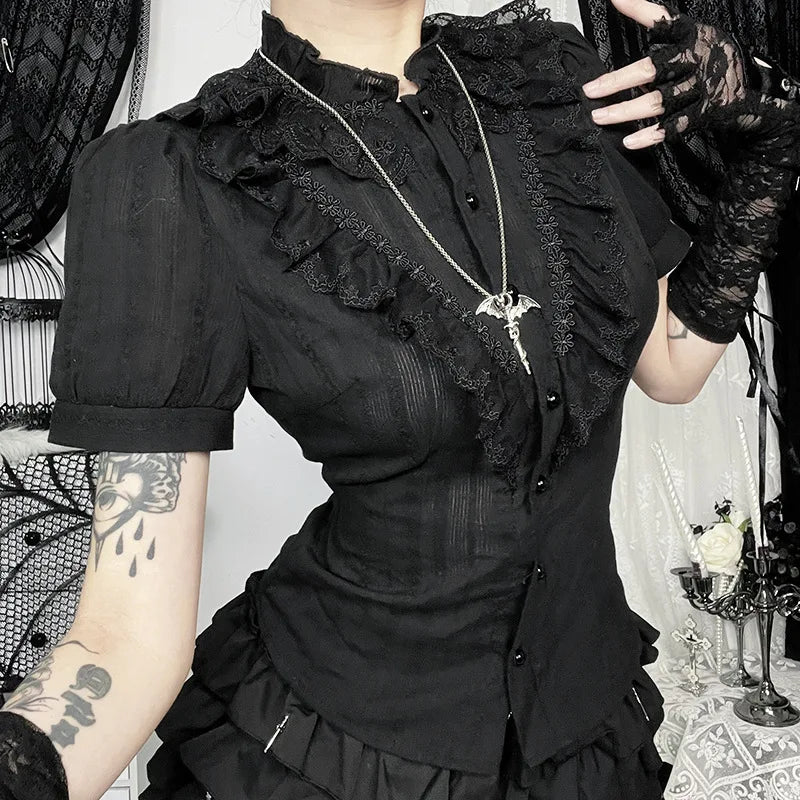 Cotton Shirts Women Vintage Gothic Black White Jacquard Short Sleeve Blouses Elegant Office Lady Y2k Tops