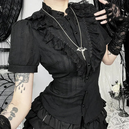Cotton Shirts Women Vintage Gothic Black White Jacquard Short Sleeve Blouses Elegant Office Lady Y2k Tops