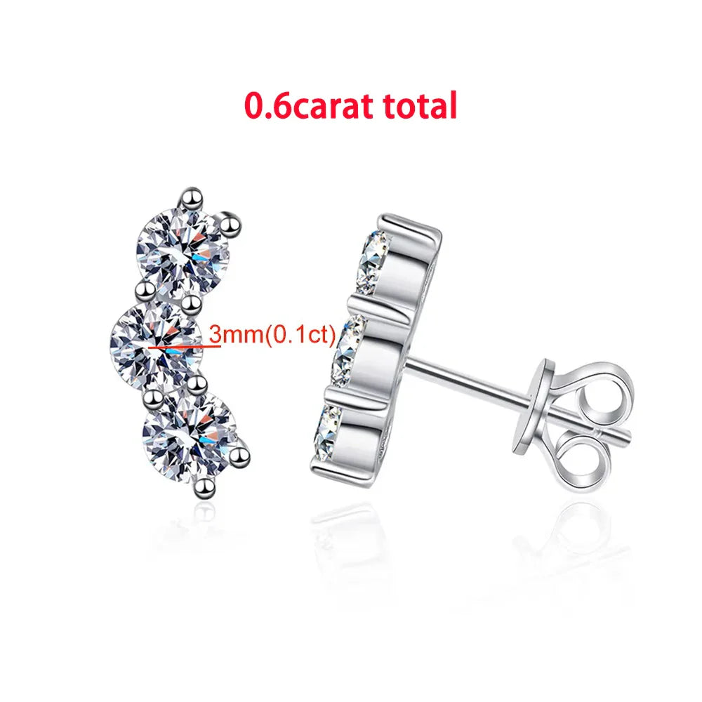 3/5-stone Smile Full Moissanite Diamond Stud Earring with Certificates 925 Sterling Silver Sparkling Diamond Earrings for Women