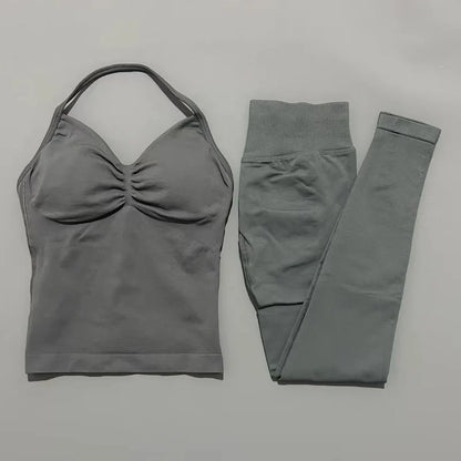 2Piece Sports Gym Set Women Longline Strappy Top Fitness Clothes Seamless Yoga Set Running Workout Sports Leggings Sets