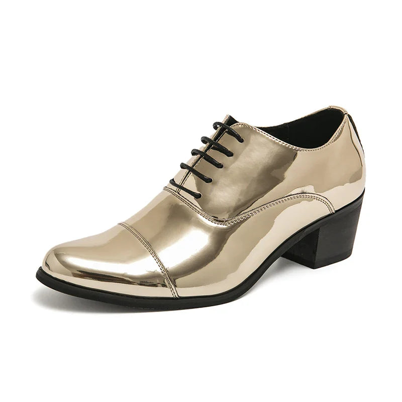 New 2025 Luxury Gold Men High Heel Leather Shoes Moccasins Designer Pointed Dress Shoes Men Wedding Formal Shoes Big Size 46
