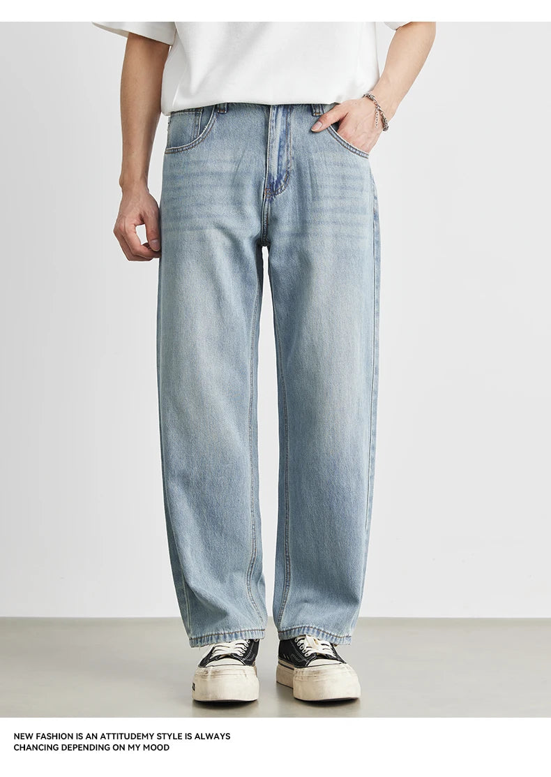 Men's Straight Jeans 2025 Summer New Thin Denim Trousers Casual Loose Outdoor Wide-leg Pants Fashion Nine-point Pants 28-36