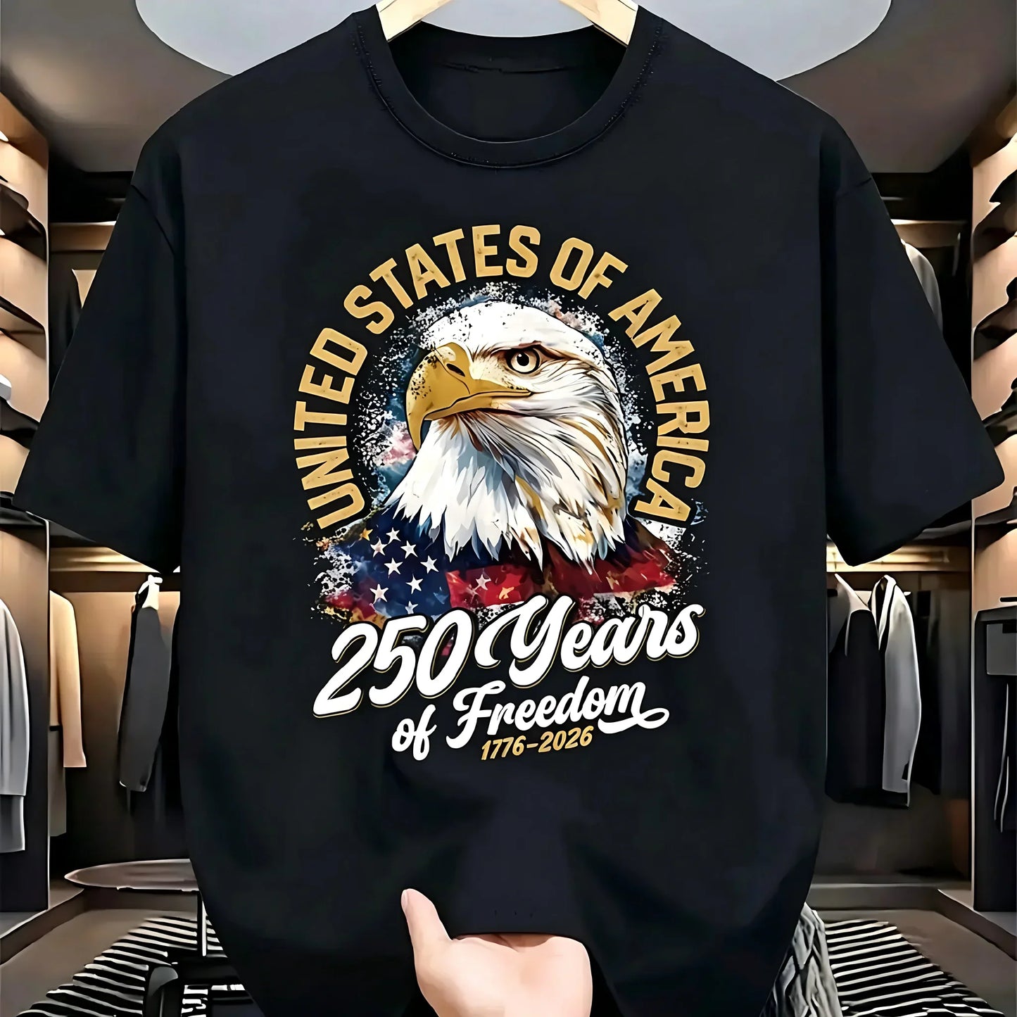Men's Black Cotton T-Shirt 250 Years of Freedom 1776-2026 American Eagle USA Flag Print, Patriotic Casual Short Sleeve Tee