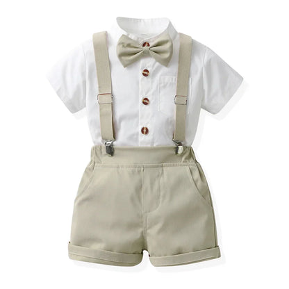 Children Formal Clothing Summer Comfortable Two Piece Set Kid Short Sleeve Shirt Bow Tie Suspenders Shorts Boy Elegant Outfit