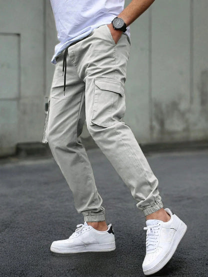Men's Slim Fit Elastic Waist Cargo Pants Multi-Pockets Cuffed Hem Comfortable for Casual Outdoor Wear